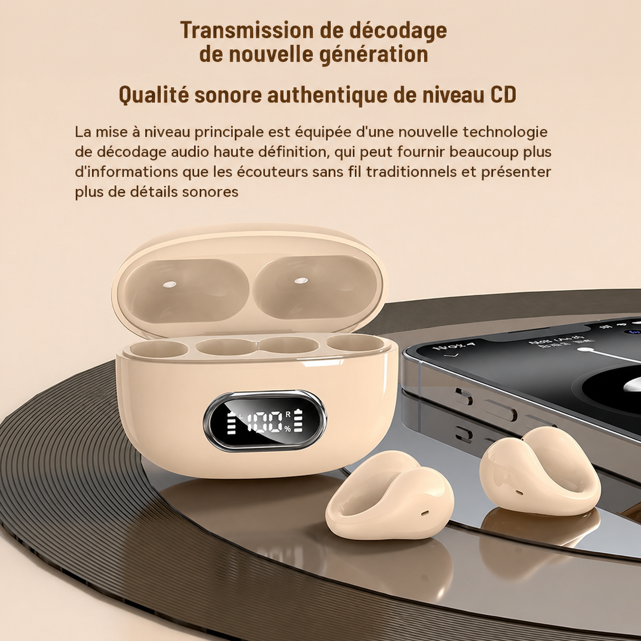 Casque Bluetooth stéréo TWS à clip d’oreille avec écran numérique et boîtier de charge