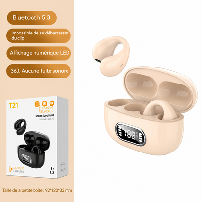 Casque Bluetooth stéréo TWS à clip d’oreille avec écran numérique et boîtier de charge