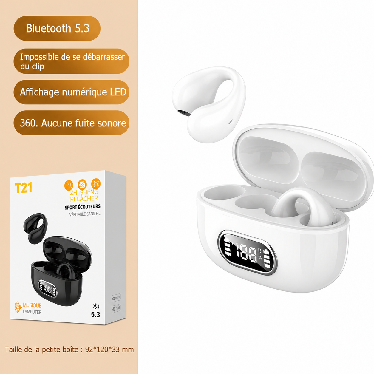 Casque Bluetooth stéréo TWS à clip d’oreille avec écran numérique et boîtier de charge