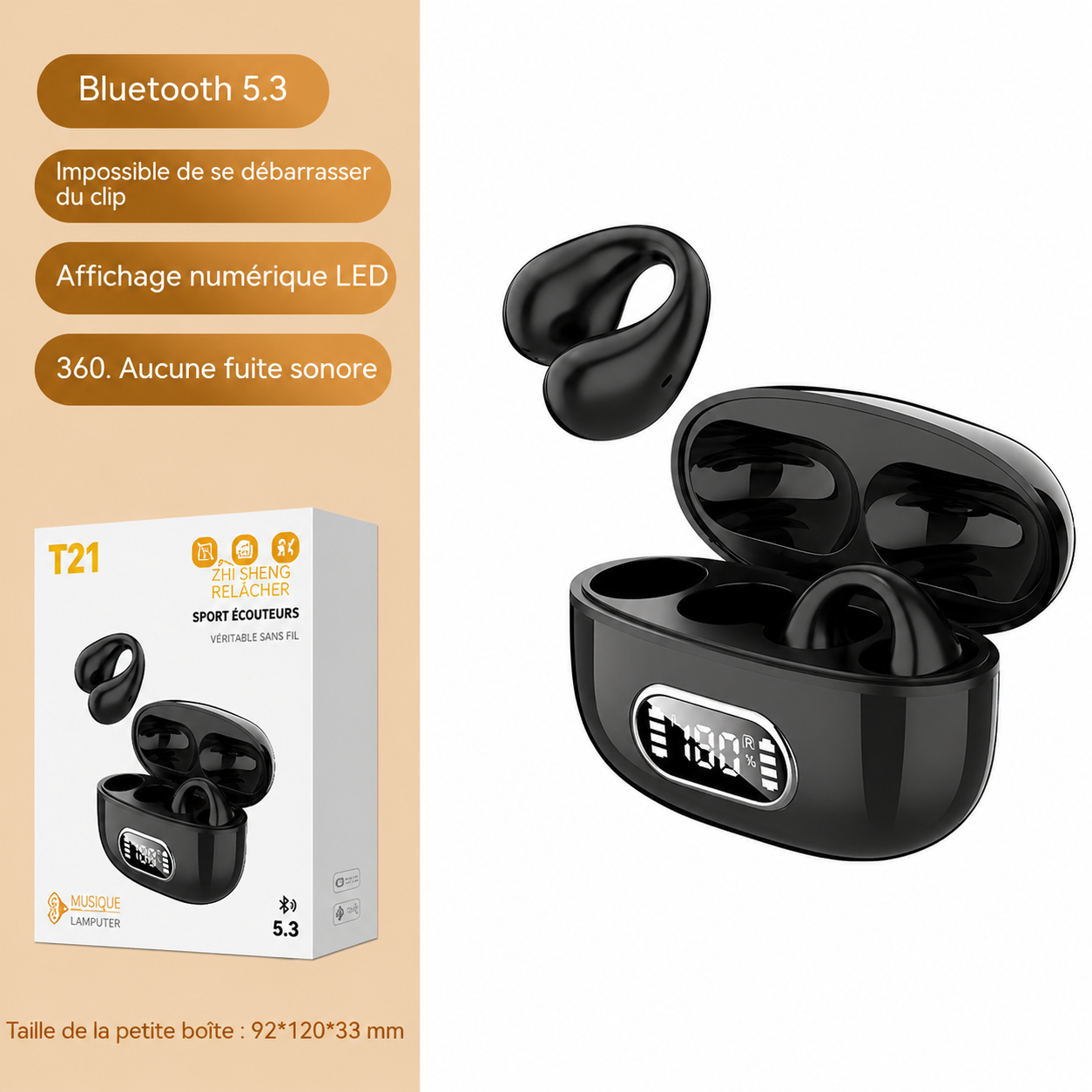 Casque Bluetooth stéréo TWS à clip d’oreille avec écran numérique et boîtier de charge
