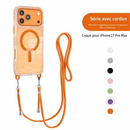 Coque transparente magnétique avec bandoulière pour iPhone 17 Pro Max