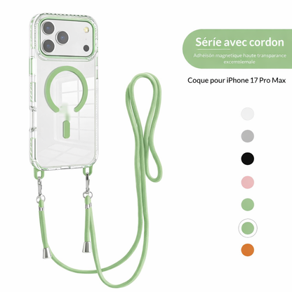 Coque transparente magnétique avec bandoulière pour iPhone 17 Pro Max