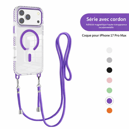 Coque transparente magnétique avec bandoulière pour iPhone 17 Pro Max