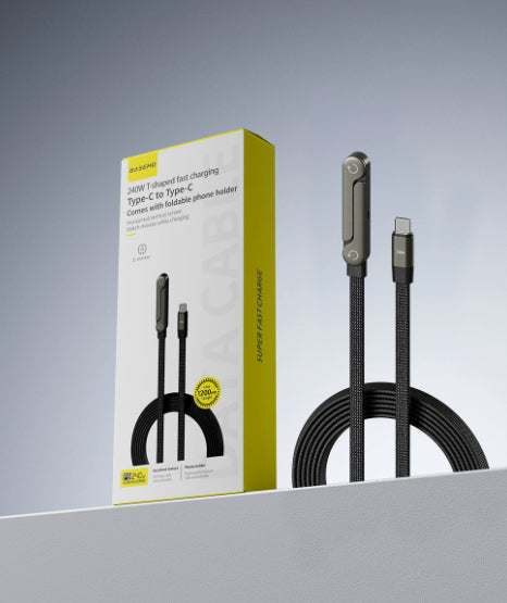 Câble de charge rapide 2-en-1 avec support pliable pour téléphone et tablette, Type-C vers Type-C / USB-A vers Type-C