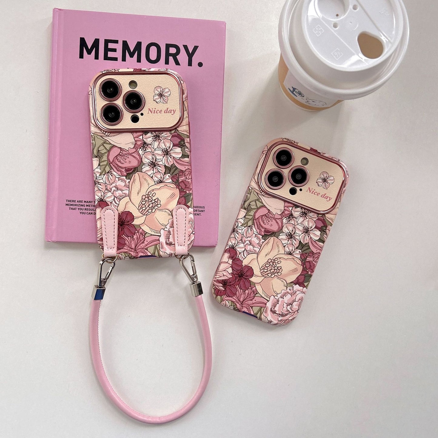 Coque de téléphone en cuir avec motif floral style peinture à l’huile rétro