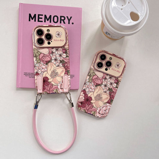 Coque de téléphone en cuir avec motif floral style peinture à l’huile rétro