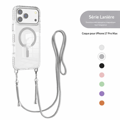 Coque transparente magnétique avec bandoulière pour iPhone 17 Pro Max