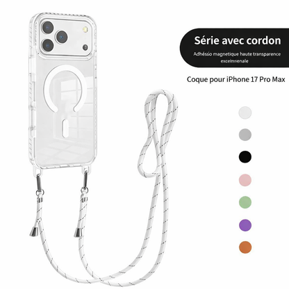 Coque transparente magnétique avec bandoulière pour iPhone 17 Pro Max