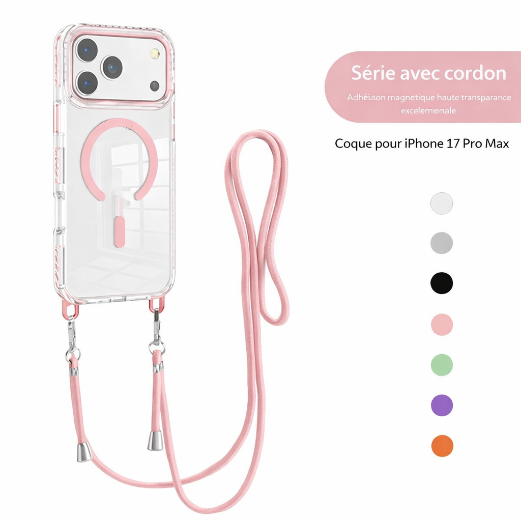 Coque transparente magnétique avec bandoulière pour iPhone 17 Pro Max